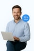 Ein lächelnder Mann sitzt mit einem Laptop und einem blauen Kreis mit dem Text "72h online" über seiner Schulter.