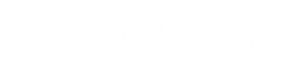 Logo Audityron avec un "A" stylisé magenta et le texte "Audityron" en gris sur fond vert foncé.