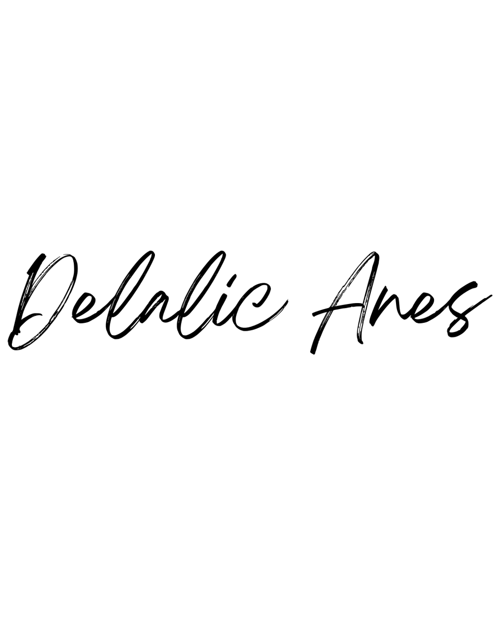„Delalic Anes“ in weißer Schreibschrift auf dunkelgrünem Hintergrund.