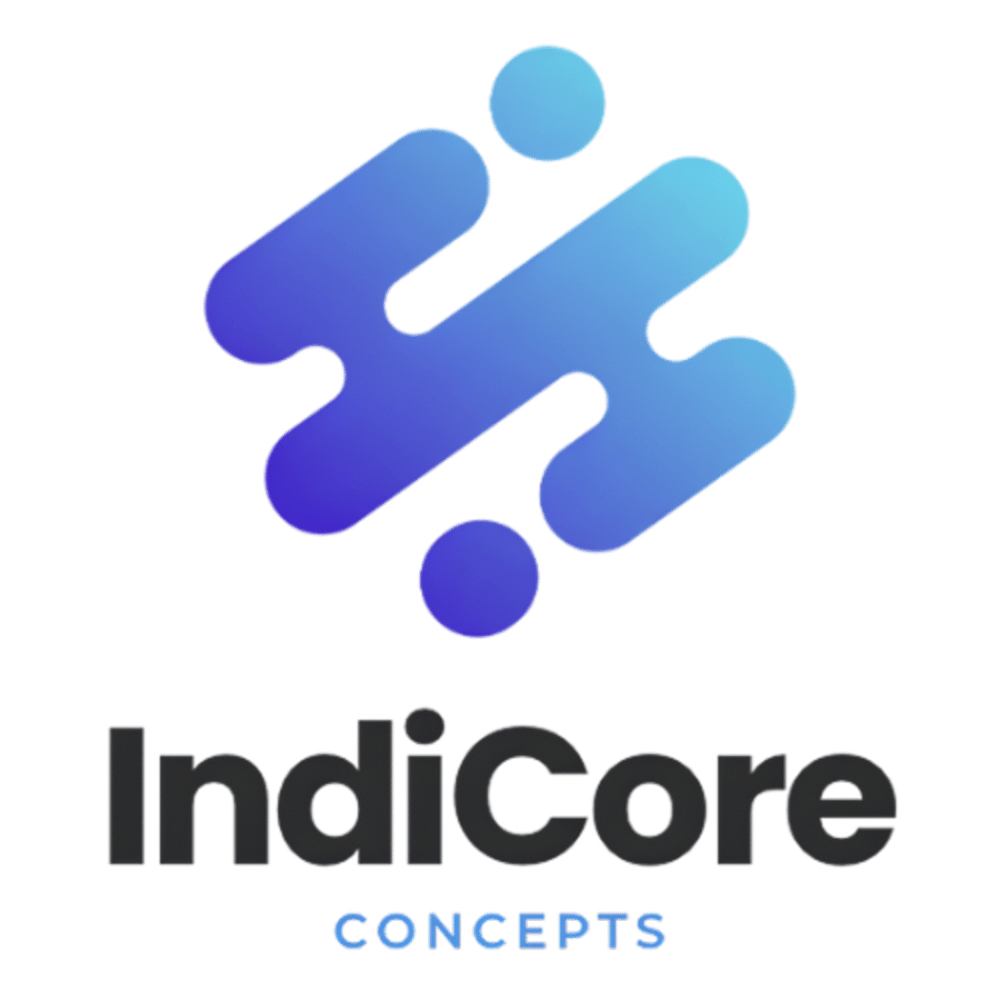 IndiCore Concepts Logo: abstraktes blau-violettes Symbol über dem Text "IndiCore Concepts".