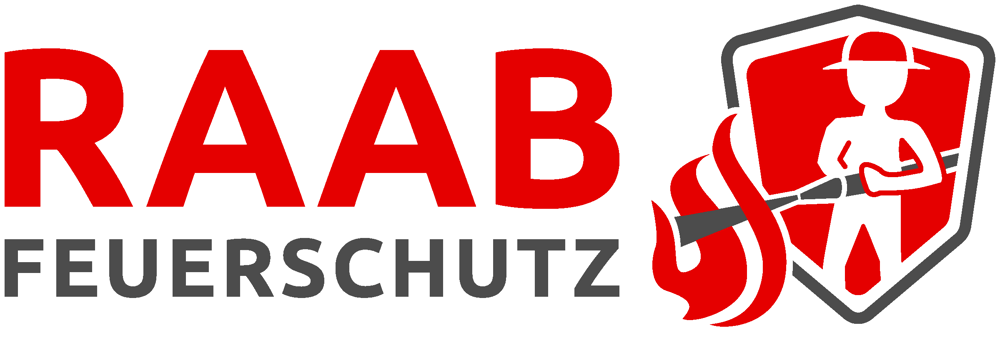 Logo mit "RAAB FEUERSCHUTZ" in Rot und Grau, daneben ein Feuerwehrmann in einem roten Schild mit Flammen.