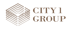 Logo der City 1 Group mit braunem Schriftzug und geometrischem Symbol aus Linien auf schwarzem Hintergrund.