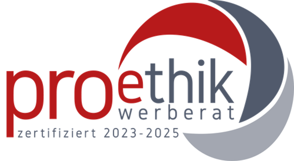 proethik Werbeberatung, zertifiziert 2023-2025, Logo mit roten und grauen Halbkreisen.