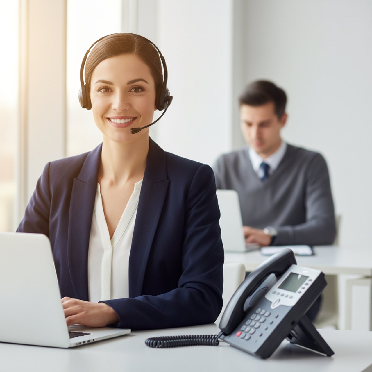Mitarbeiterin mit Headset am Arbeitsplatz