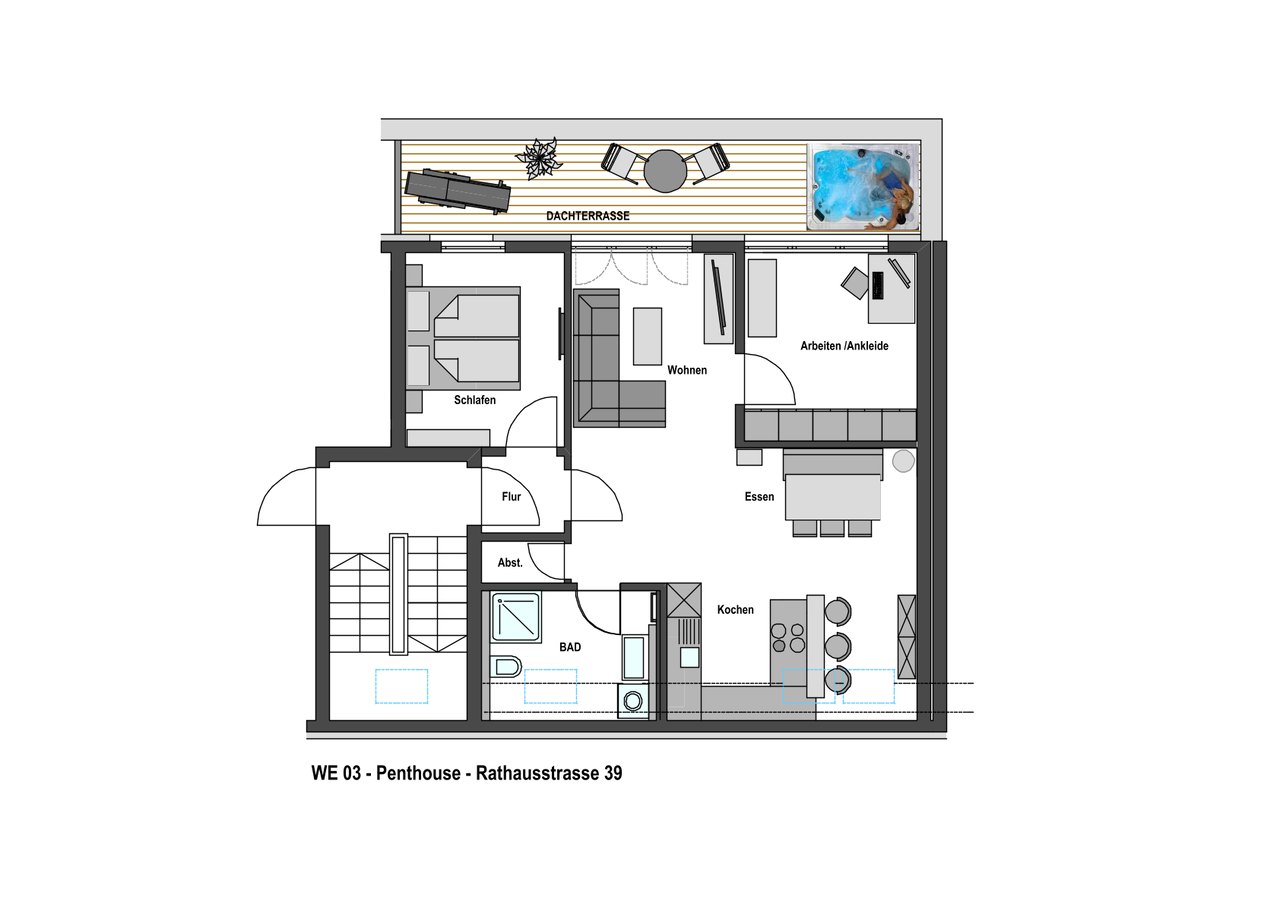Grundriss Wohnung 3, WG-Aufteilung mit drei Zimmern, Rathausstraße 39 rechts