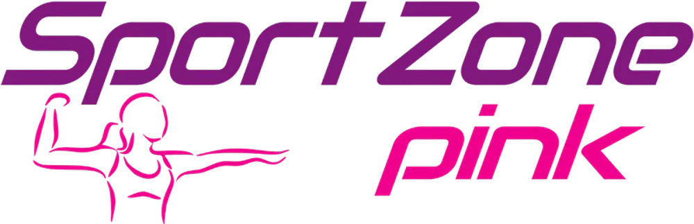 Lila Text "SportZone" über einem pinkfarbenen Umriss einer muskulösen Person und darunter der pinkfarbene Text "pink".