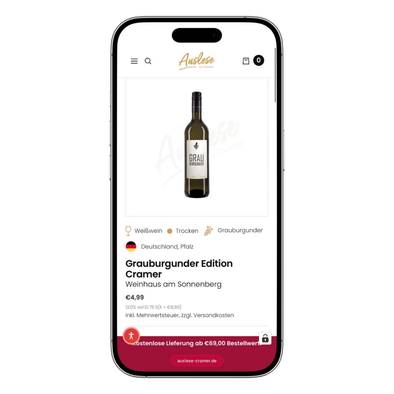 Smartphone zeigt die Auslese-App mit einer Flasche Grauburgunder Wein.