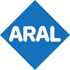 Blaues Aral-Logo in Rautenform mit weißem Rand und weißer "ARAL"-Schrift.
