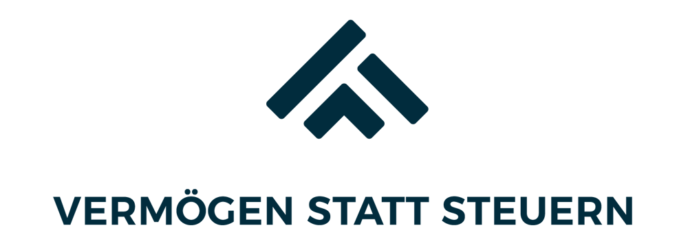 Logo mit stilisierten blauen Dreiecken und dem Text "VERMÖGEN STATT STEUERN".