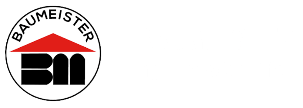 Kreisförmiges Logo mit rotem Dach über schwarzen "BM"-Buchstaben und "BAUMEISTER"-Schriftzug.