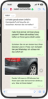 Ein Smartphone zeigt einen WhatsApp-Chat mit Nachrichten über einen Unfall und ein Foto eines beschädigten Autos.