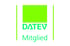 Grünes DATEV Logo mit Schriftzug "DATEV Mitglied" auf weißem Hintergrund.