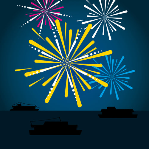 Illustration von Rhein in Flammen mit Feuerwerk über dem Rhein und Schiffen
