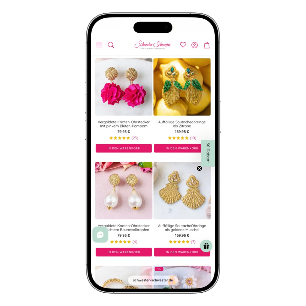 Smartphone-Bildschirm mit Online-Shop von "SchwesterSchwester" zeigt vier Paar Ohrringe.