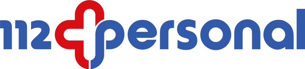 Logo von 112personal mit blauer Schrift und einem rot-blauen Plus-Symbol auf schwarzem Hintergrund.
