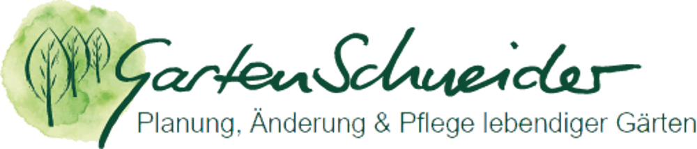 Garten Schneider Logo mit drei grünen Blättern und dem Text "Planung, Änderung & Pflege lebendiger Gärten".