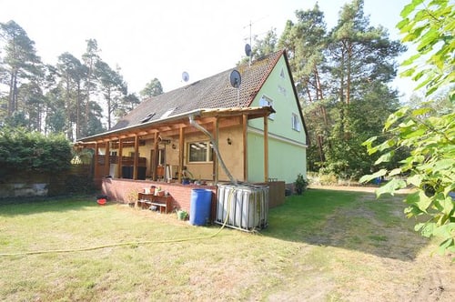 Grünes Haus mit braunem Dach, Holzveranda, Gras und Bäumen unter blauem Himmel.