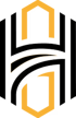 Stilisiertes Logo in Form eines Sechsecks mit dem Buchstaben H in Schwarz und Gold auf schwarzem Hintergrund.