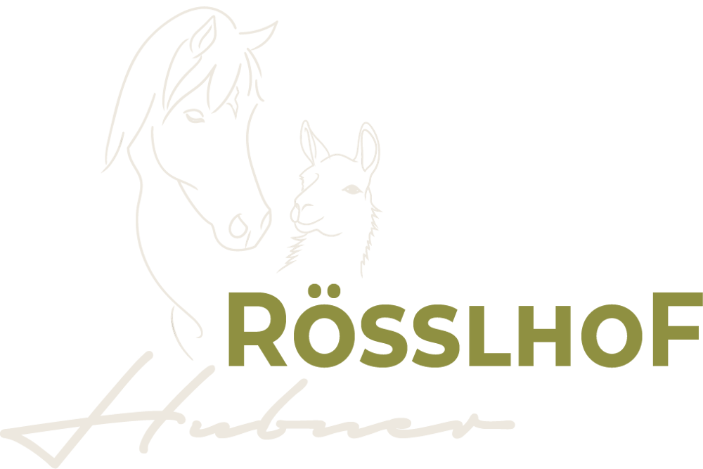 Logo: Weißes Pferd und Lama auf grünem Hintergrund, mit den Schriftzügen "RÖSSLHOF" und "Hubner".