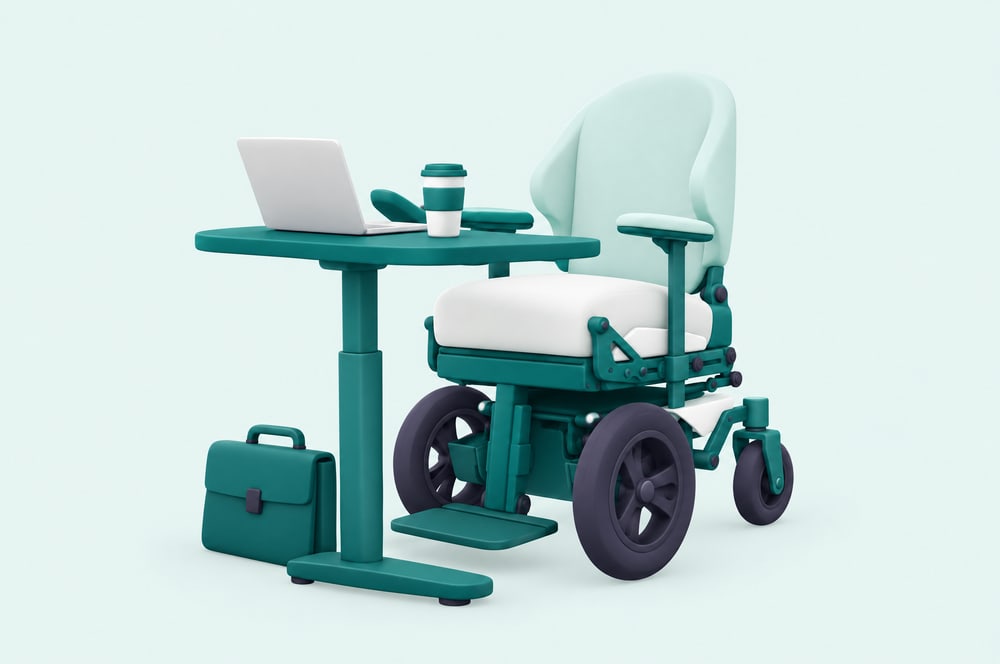Illustration: Elektrorollstuhl am Schreibtisch mit Laptop und Aktentasche