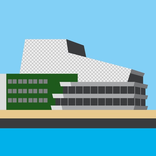 Illustration der Oper Bonn mit grüner Fassade und geschwungenem Dach
