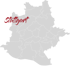 Graue Karte des Landkreises Esslingen mit dem rot hervorgehobenen Schriftzug "Stuttgart" im Nordwesten.