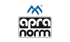 Apra-Norm Logo: zwei blaue Bergspitzen über dem Schriftzug "apra norm" in schwarzem Kasten.