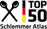 Logo "TOP 50 Schlemmer Atlas" mit gekreuzten Löffeln und deutscher Flagge.