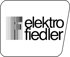 Elektro Fiedler Logo: Schwarzer Text und vertikale Linien, die ein F bilden, auf weißem, abgerundetem Rechteck.