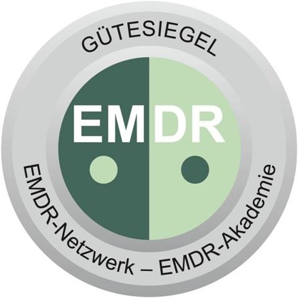 Rundes Gütesiegel mit "GÜTESIEGEL" oben, "EMDR" in der Mitte und "EMDR-Netzwerk – EMDR-Akademie" unten.