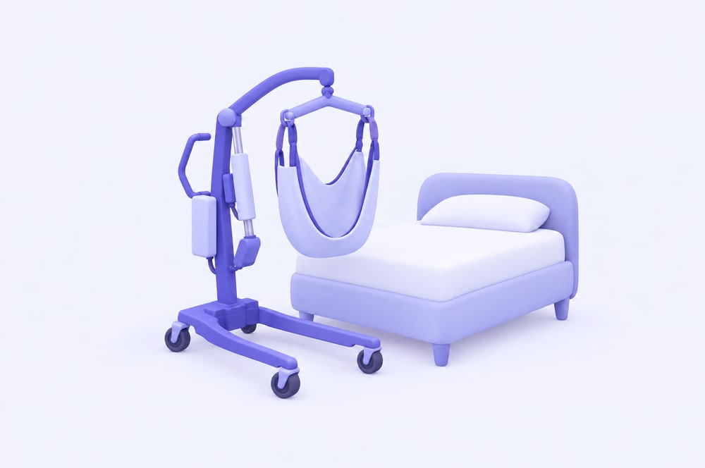 Illustration: fahrbarer Patientenlifter mit leerem Tragetuch neben einem Bett