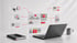 Schwebende Interface-Icons für Marketing, Video und Social Media über einem Laptop neben Notizbuch und Tasse.