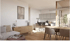 Modernes Wohnzimmer und Küche mit Holzboden, hellem Sofa, Sideboard und Esstisch, Balkon im Hintergrund.