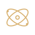 Goldfarbenes Atom-Symbol mit zwei Elektronenbahnen und einem Kern auf schwarzem Hintergrund.