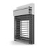 Graues Raffstore-System mit Lamellen vor einem Fenster, montiert an einer weißen Wand, mit "RAFF-I" auf der Blende.
