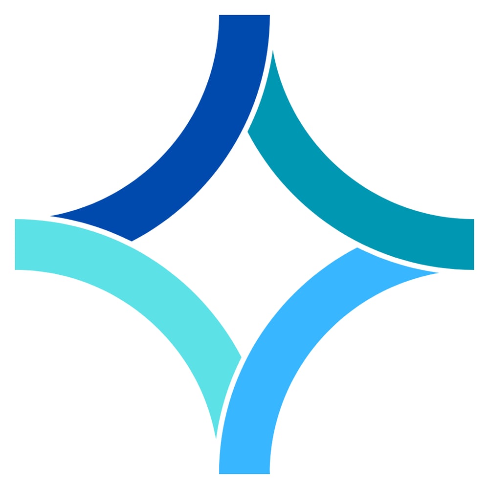 Vier gebogene, miteinander verbundene Linien in Blau- und Türkistönen bilden eine sternförmige Figur.