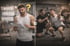 Mann schaut fragend auf Klemmbrett mit "KRÄFTE", "KÖRPERFETT", "GEWICHT" und trainiert mit Personal Trainer.