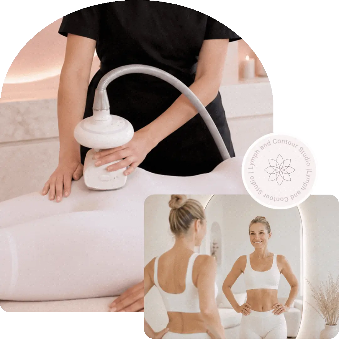 A woman receiving a body contouring treatment on her glutes, beside a woman smiling at her reflection in a mirror.