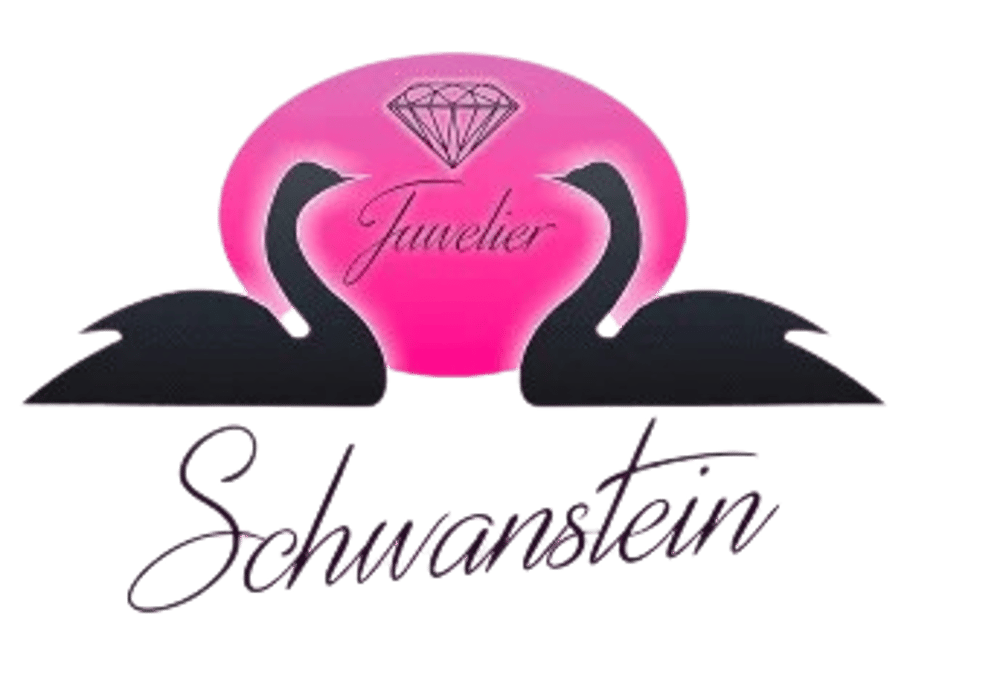 Rosa Juwelier Schwanstein Logo mit zwei schwarzen Schwänen und einem Diamanten.