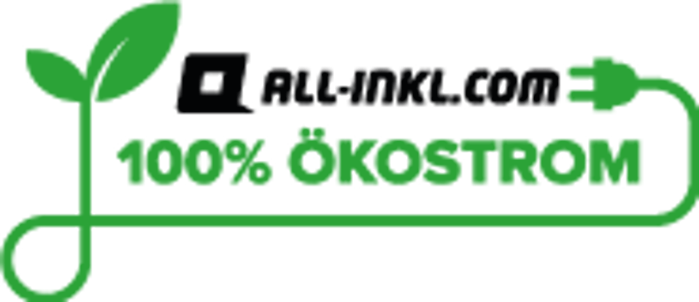 Grünes Logo mit Pflanze, Stromstecker und dem Text 100% Ökostrom von All-Inkl.com auf schwarzem Hintergrund.