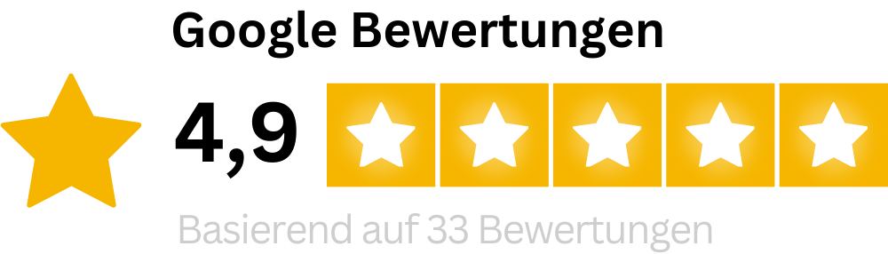 Vier lachende Männer in runden Profilbildern, daneben fünf gelbe Sterne und der Text "4.9 von 5 auf Google".