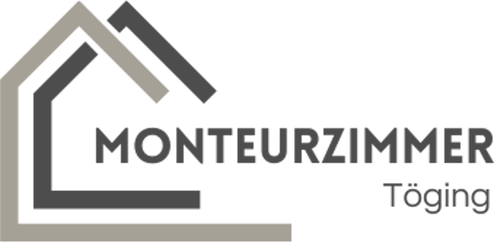 Graues Logo mit Hausumriss und dem Text „MONTEURZIMMER Burgkirchen“ auf dunkelgrünem Hintergrund.