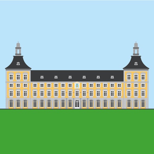 Illustration des Hauptgebäudes der Universität Bonn mit gelber Fassade und Türmen