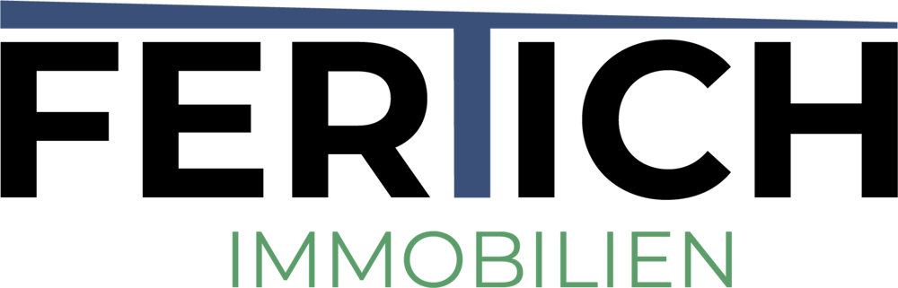 Schwarzes Logo mit blauem Querstrich und dem Text "FERICH IMMOBILIEN".
