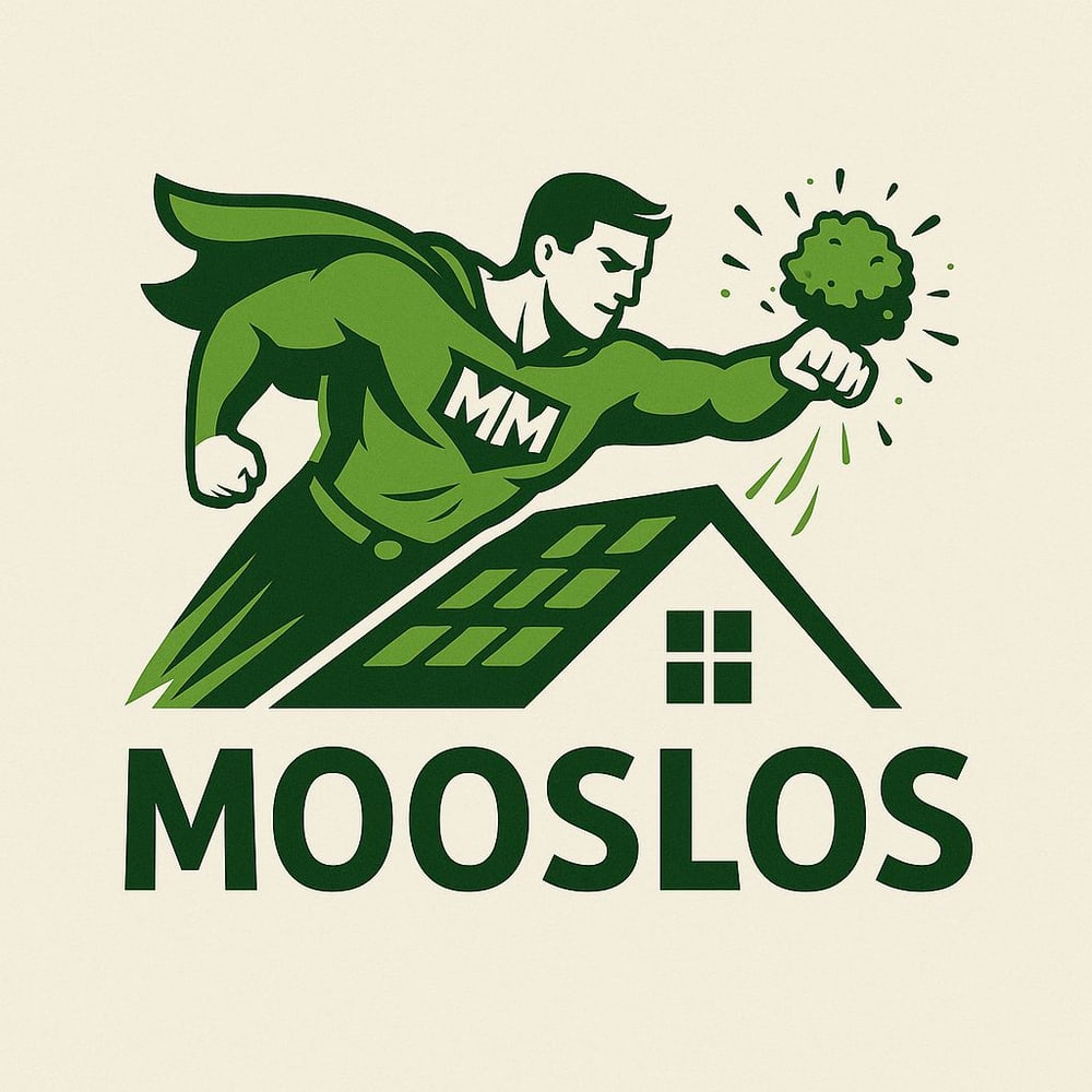 Ein Superheld mit Umhang und "MM" auf der Brust schlägt Moos von einem Hausdach, darunter der Text "MOOSLOS".