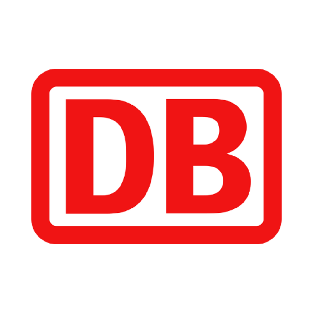 Rotes DB-Logo mit weißem Rahmen auf dunkelgrünem Hintergrund.