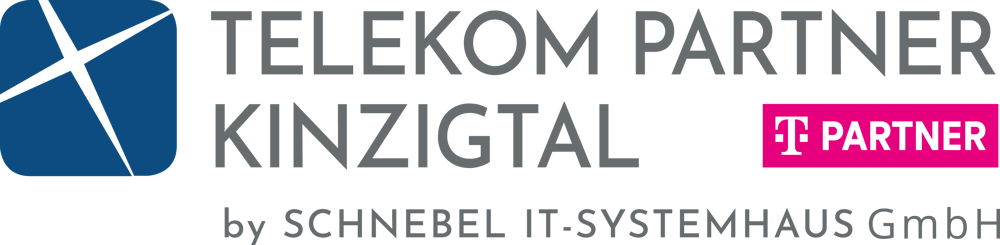 Logo: Telekom Partner Kinzigtal by SCHNEBEL IT-SYSTEMHAUS GmbH, mit magenta T Partner-Badge und blauem Symbol.