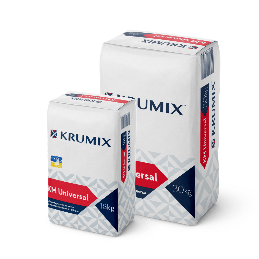 Два мішки KRUMIX KM Universal: 15 кг та 30 кг, білі з синім та червоним написом.