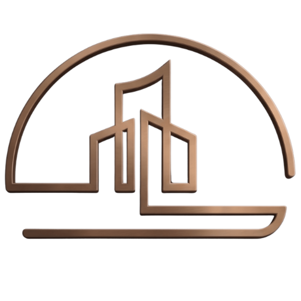 Bronzefarbenes Logo mit stilisierten Skyline-Gebäuden in einem Halbkreis auf schwarzem Hintergrund.