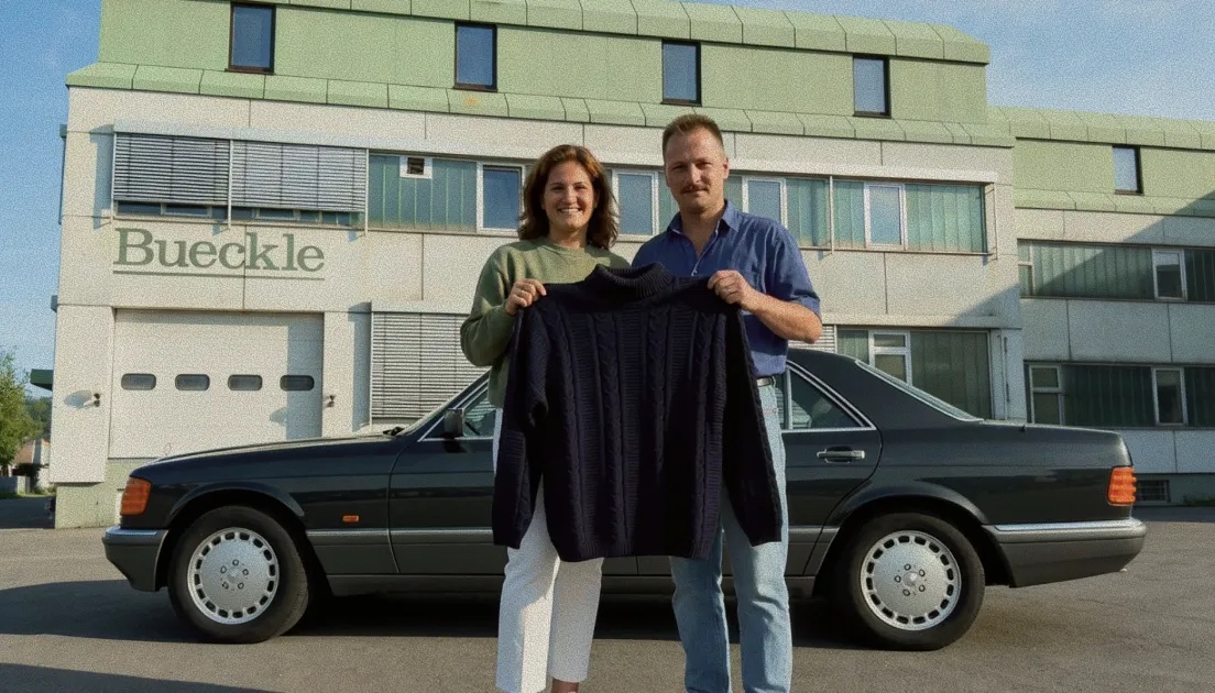 Marina und Ralf vor der Strickwarenfabrik Bueckle